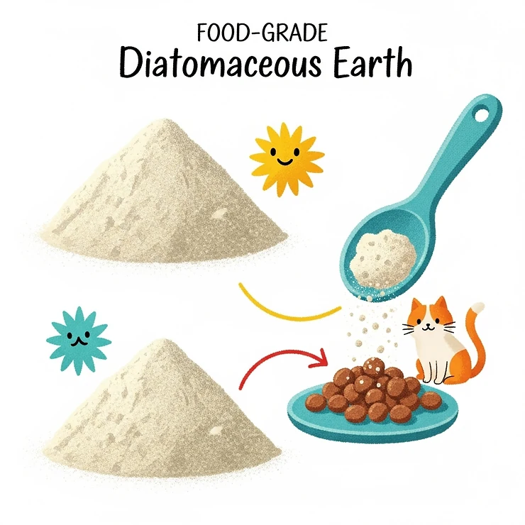 An illustration showing a fine, powdery substance, representing food-grade diatomaceous earth, a natural deworming option for cats.