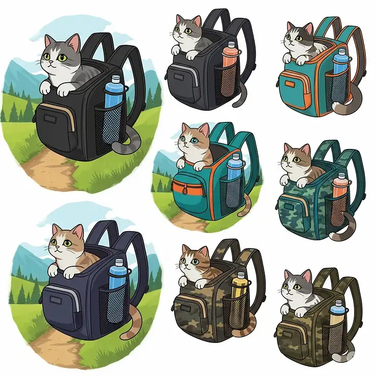 Illustration showcasing a variety of stylish and functional cat hiking backpacks in different colors and designs, catering to various preferences.