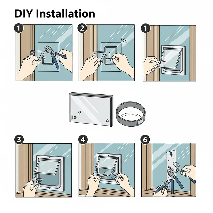 Step-by-step graphic illustrating the DIY installation process for a cat flap in a window, providing a visual guide for homeowners.