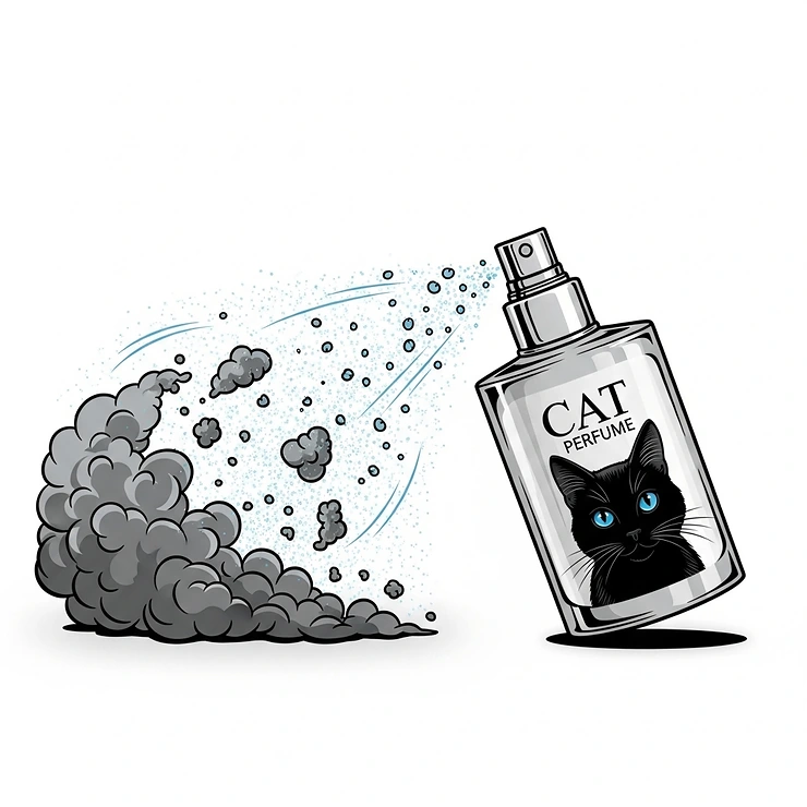 Conceptual illustration showing a cloud of bad odor dissipating as a bottle of cat perfume is introduced, symbolizing its ability to neutralize pet smells.