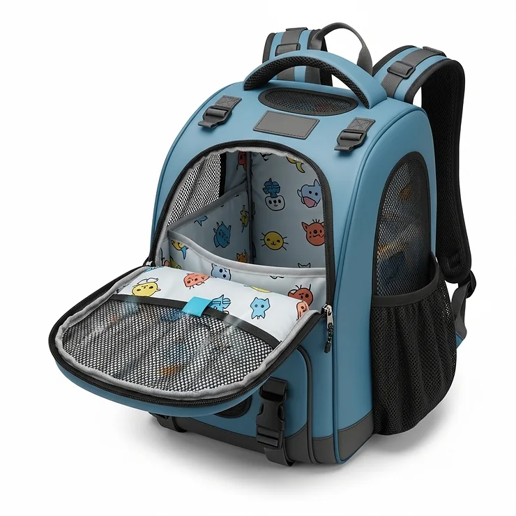 Illustration of an empty cat hiking backpack, open to reveal its roomy and well-ventilated interior, ready for a feline adventure.