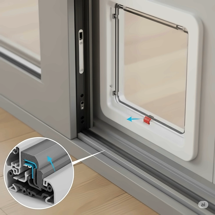 Close-up of a cat door for sliding doors featuring robust weather stripping and magnetic seals, illustrating its energy-efficient design to prevent drafts.