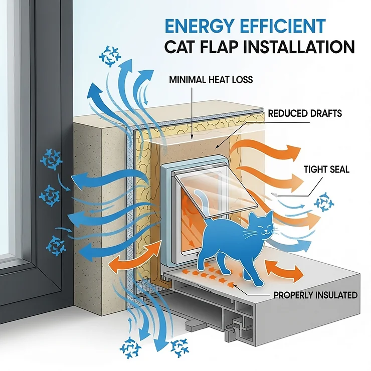 Graphic emphasizing the energy efficiency benefits of a properly installed cat flap in a window, illustrating how it can minimize heat loss and drafts.