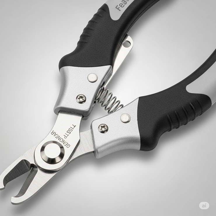 Close-up of ergonomic feline nail trimmers, highlighting comfortable handles and safety features.