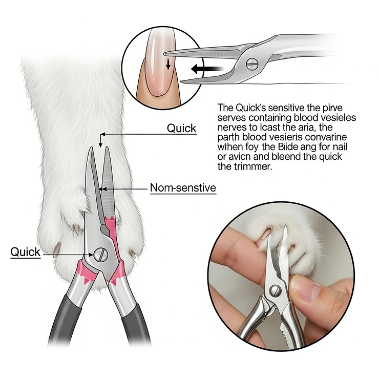 Diagram illustrating the "quick" inside a cat's nail, emphasizing where to avoid when using feline nail trimmers.