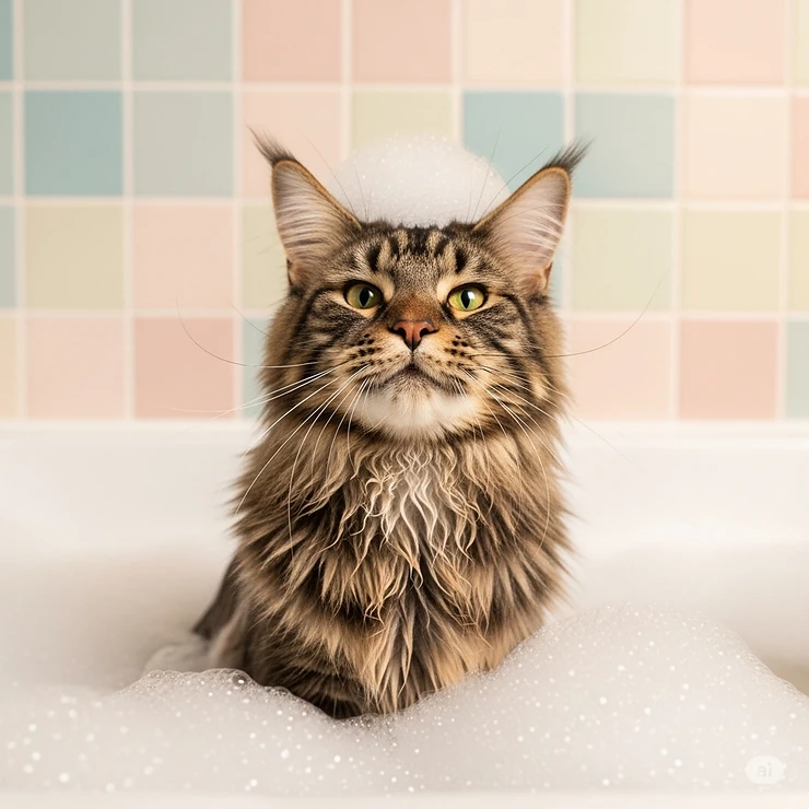 A beautiful, fluffy cat enjoying a gentle bath with premium feline shampoo, looking clean and happy.