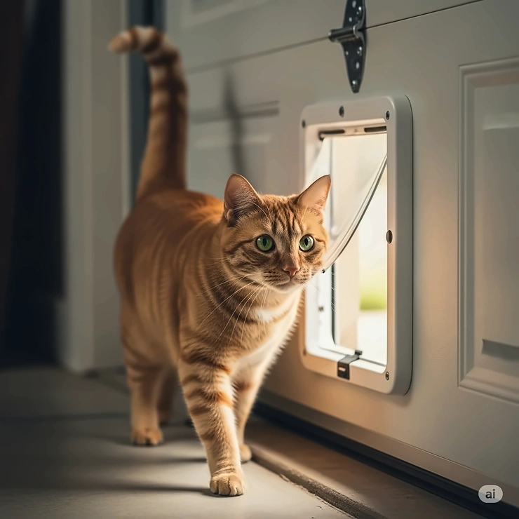 A happy ginger cat confidently entering a sturdy, weather-sealed garage cat door, showing its ease of use and secure design.