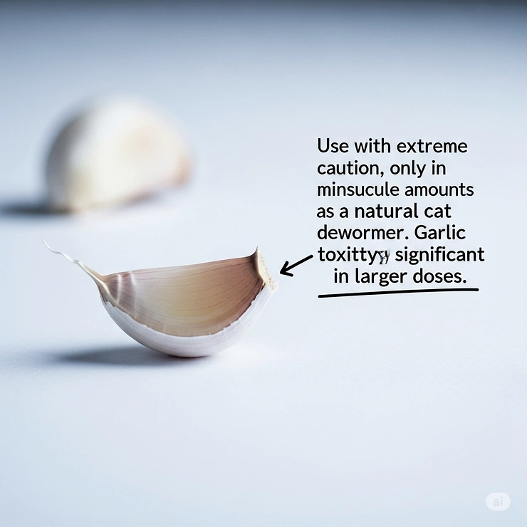 A small, segmented garlic clove, with a note indicating its careful use in tiny, supervised amounts as a natural dewormer for cats due to potential toxicity in larger doses.