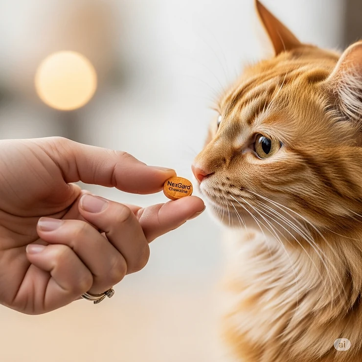 Hand offering a NexGard chewable to a cat, demonstrating the easy administration of NexGard for cats, a factor in considering its price.
