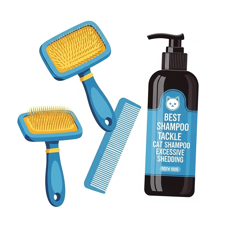 Illustration of grooming tools (brush, comb) alongside a bottle of the best cat shampoo for shedding, indicating a comprehensive approach to managing cat fur and reducing excessive shedding.