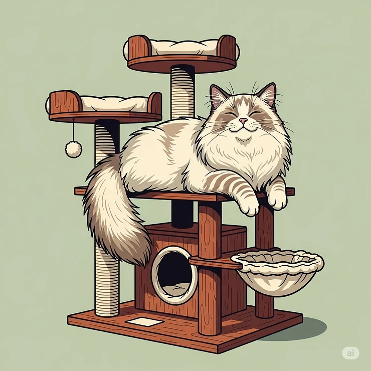 An illustration of a contented large cat, such as a Ragdoll or Bengal, comfortably enjoying a large cat tree, showcasing the products appeal to big feline companions.
