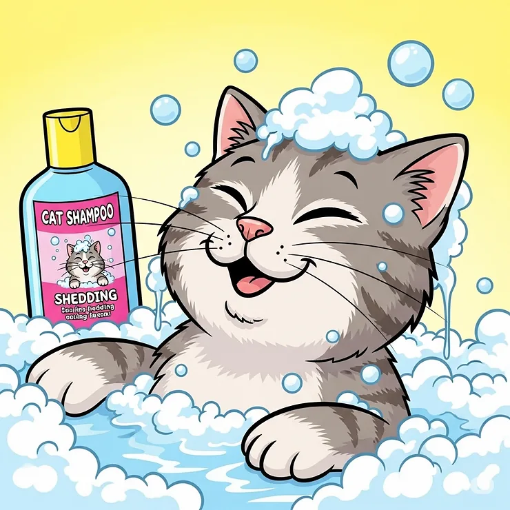 Cartoon illustration of a content cat enjoying a bath with bubbles and a bottle of cat shampoo nearby, visually representing a positive bathing experience with a shedding-reducing product.