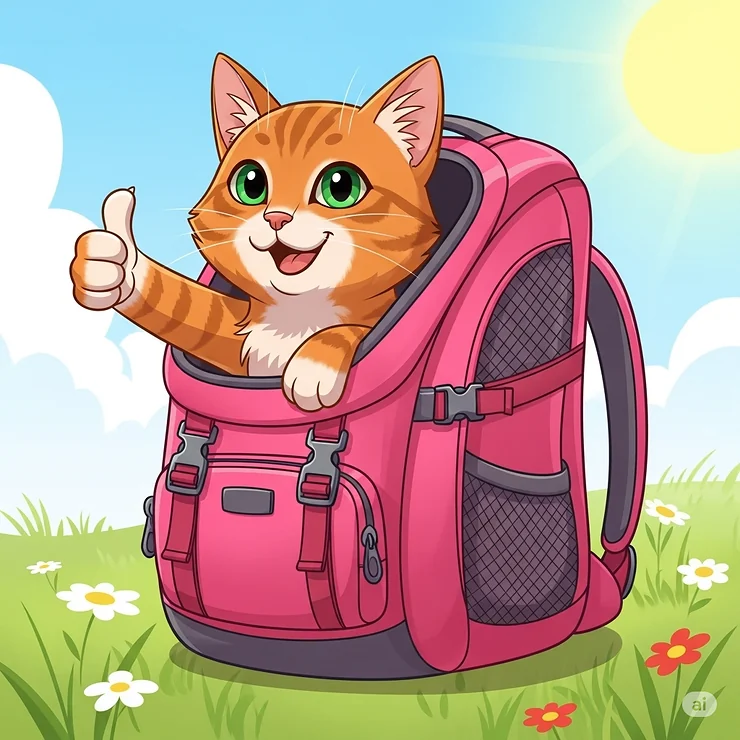 Whimsical illustration of a cartoon cat happily giving a "thumbs up" from within a secure cat hiking backpack, ready for an outdoor excursion.