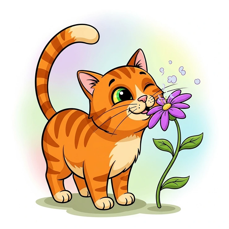 Cartoon illustration of a happy cat sniffing a flower, representing the pleasant and natural scents found in quality cat perfumes.