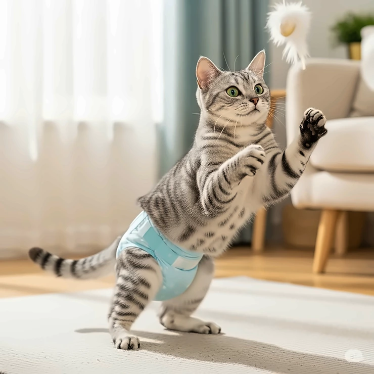 Content cat playing happily while wearing a properly fitted cat diaper, demonstrating comfort and mobility.