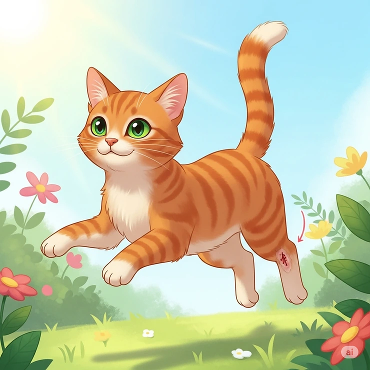 A cheerful illustration of a cat looking healthy and active after successfully recovering from a minor wound, representing the positive outcome of using a reliable cat wound spray.