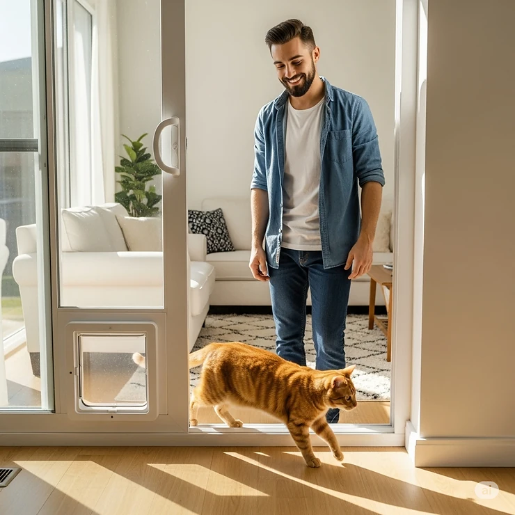 A happy pet owner smiling as their cat freely enters and exits through a convenient cat door in their sliding glass door, symbolizing pet independence.
