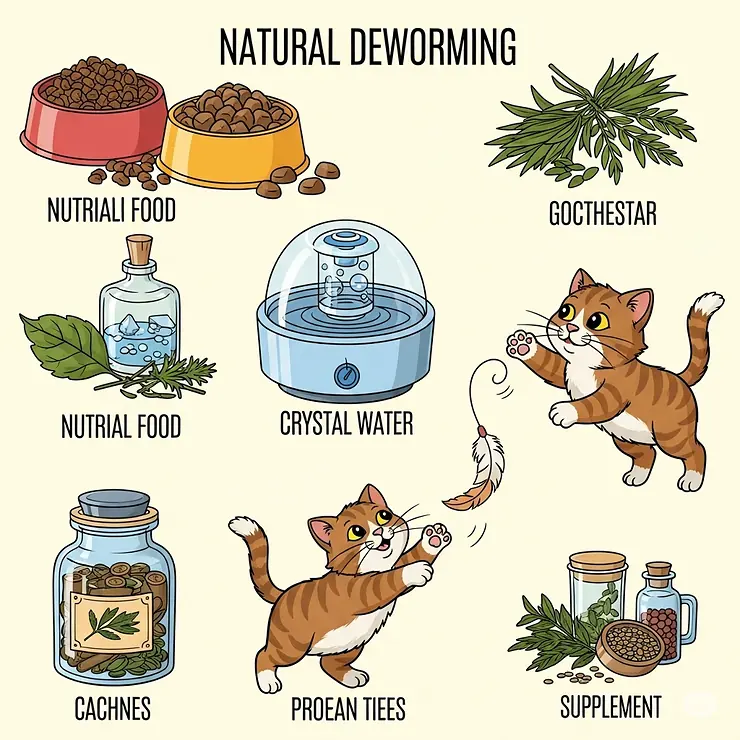An infographic-style illustration showcasing a harmonious balance of elements like healthy food, clean water, exercise, and natural remedies, symbolizing a holistic approach to feline wellness and natural deworming.