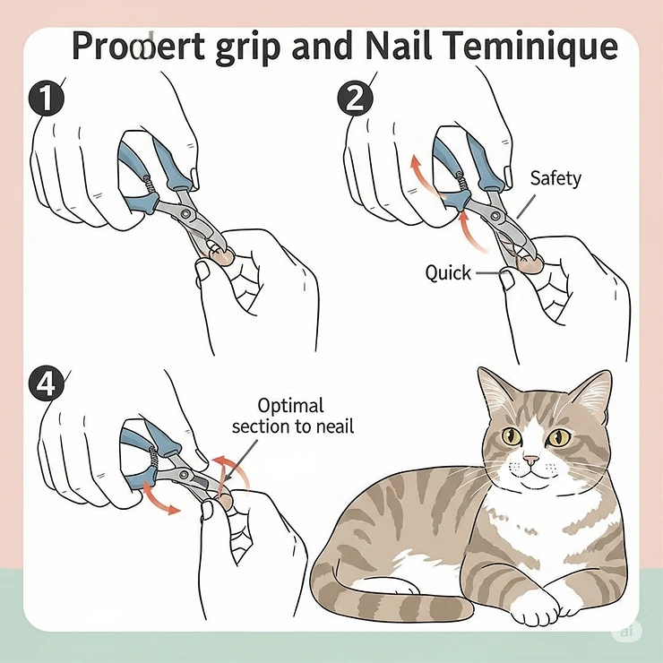 A close-up illustration demonstrating the proper grip and technique for using feline nail trimmers safely.