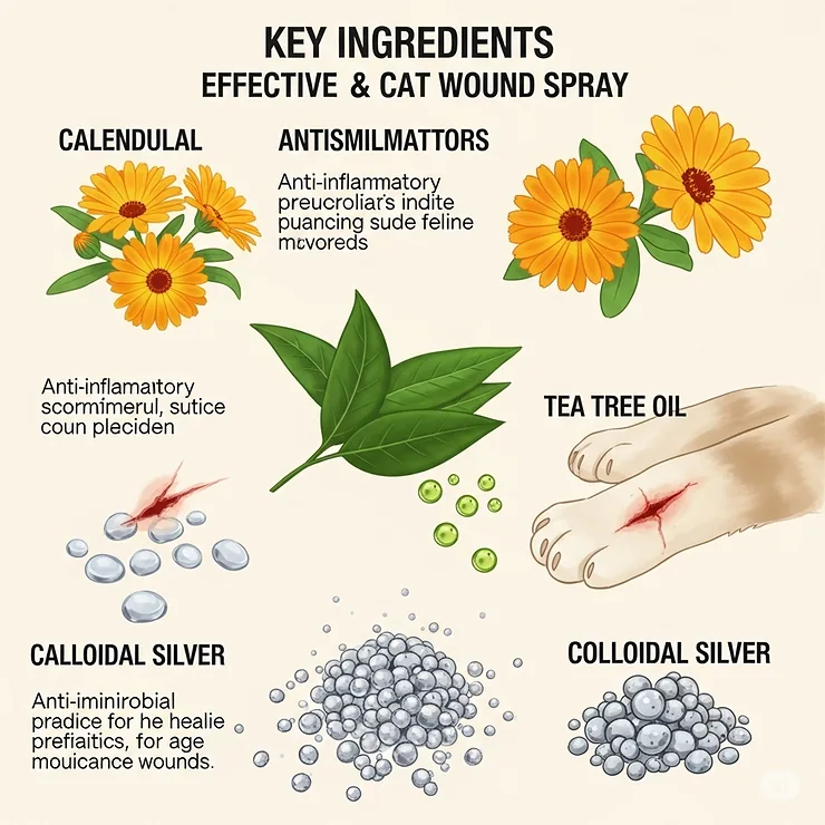An infographic-style illustration showcasing key natural and antiseptic ingredients commonly found in effective cat wound sprays, such as calendula, tea tree oil, or colloidal silver.
