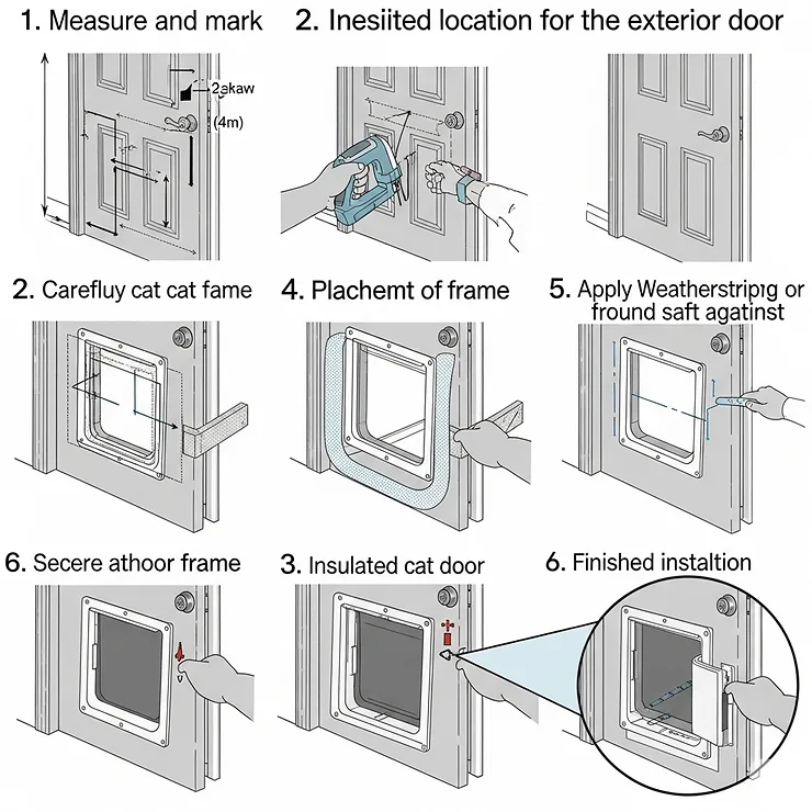 Step-by-step diagram showing the process of installing an insulated cat door in a standard exterior door, highlighting the importance of a tight seal to maintain insulation.