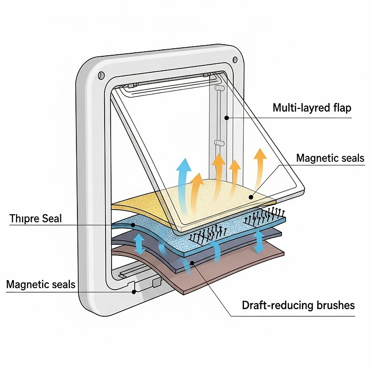 Diagram illustrating the internal components of an insulated cat door, showcasing the multi-layered flap, magnetic seals, and draft-reducing brushes for superior energy efficiency.