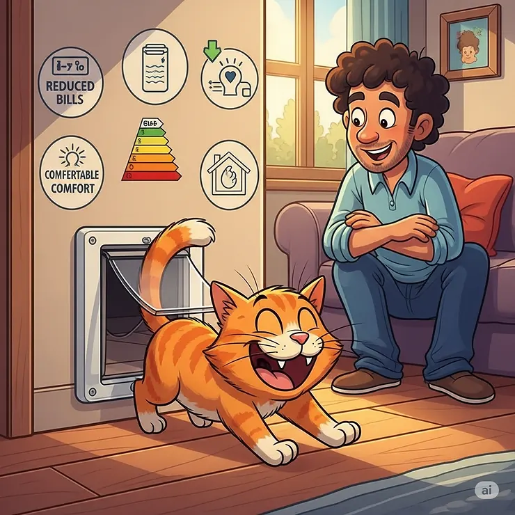 Cartoon illustration depicting a happy cat and owner enjoying the benefits of an insulated cat door, such as pet independence, reduced energy bills, and a more comfortable home environment.
