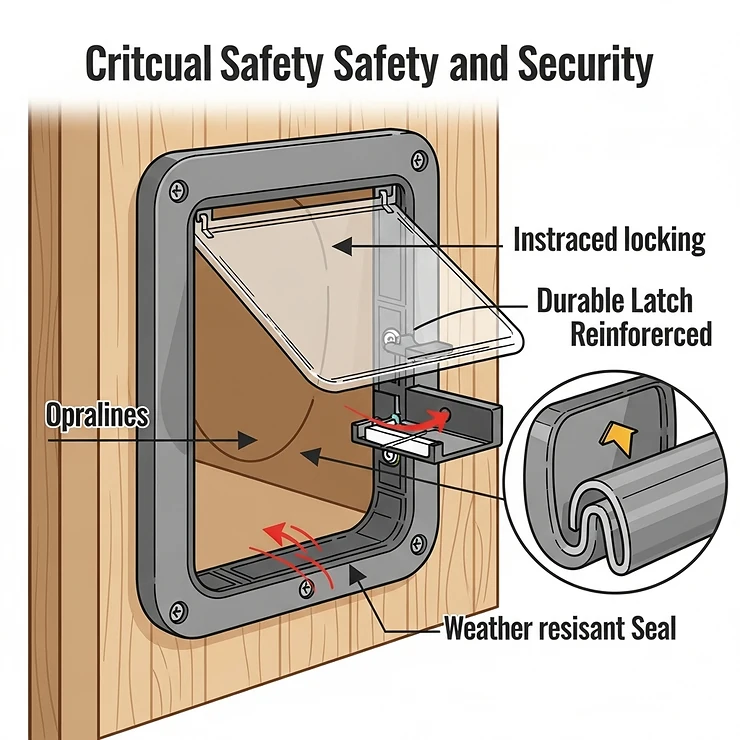 Illustration highlighting the security features often found in insulated cat doors, such as locking mechanisms and sturdy construction, to keep your home safe.