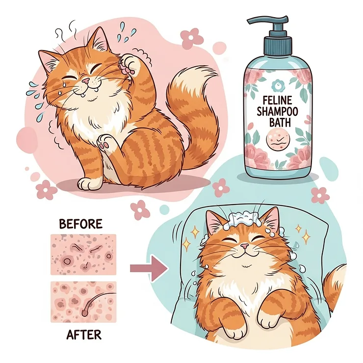 An illustration depicting an itchy cat finding relief after using a soothing feline shampoo designed for skin irritation.