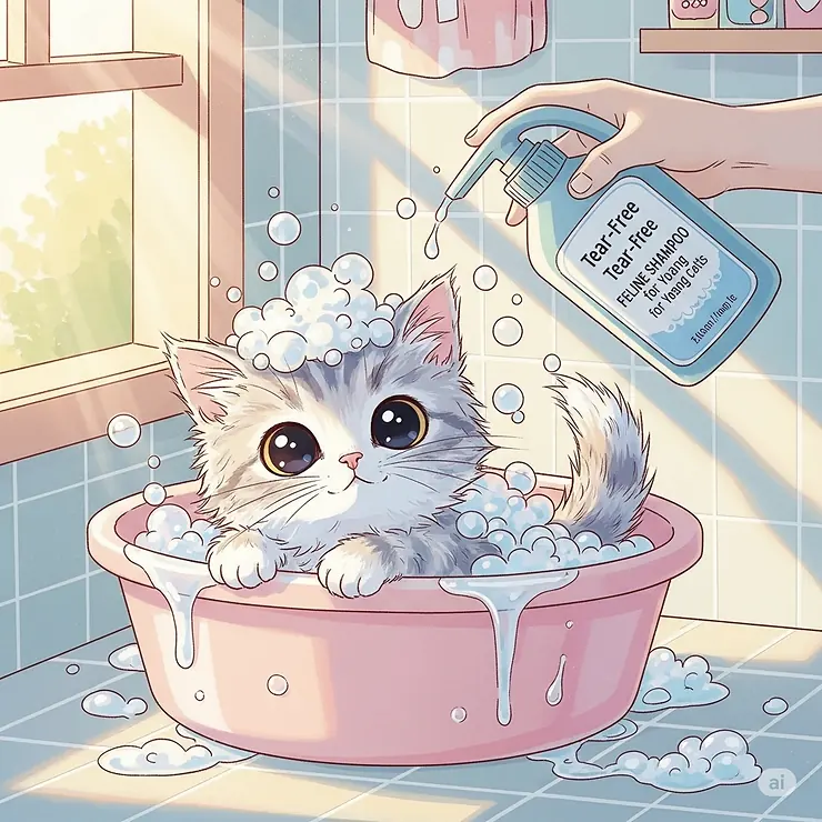 An illustration of an adorable kitten being bathed with a gentle, tear-free feline shampoo specifically formulated for young cats.