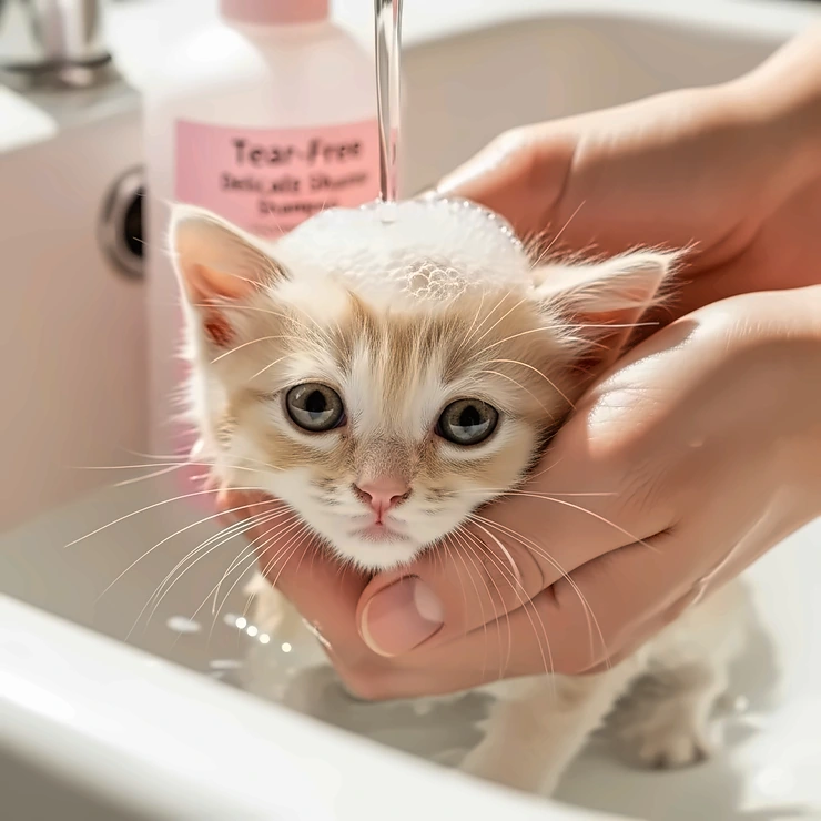 Close-up of a small, cute kitten being bathed with a gentle, tear-free shampoo specifically designed for sensitive cat skin.