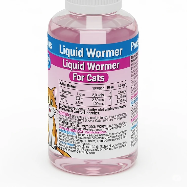 Close-up of a bottle of liquid wormer specifically formulated for cats, showing clear dosage instructions and product labeling.