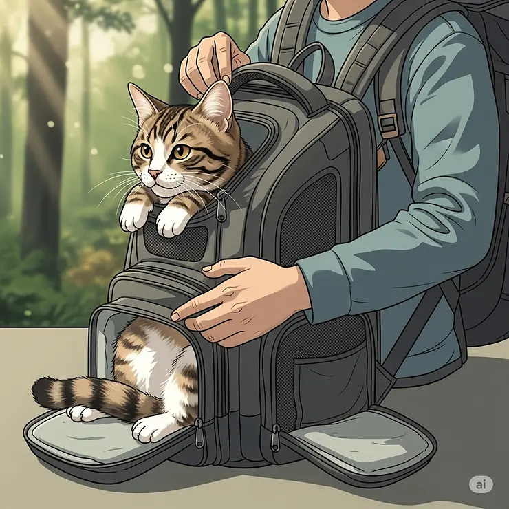 Illustration depicting a cat being gently and securely loaded into a spacious and comfortable cat hiking backpack.
