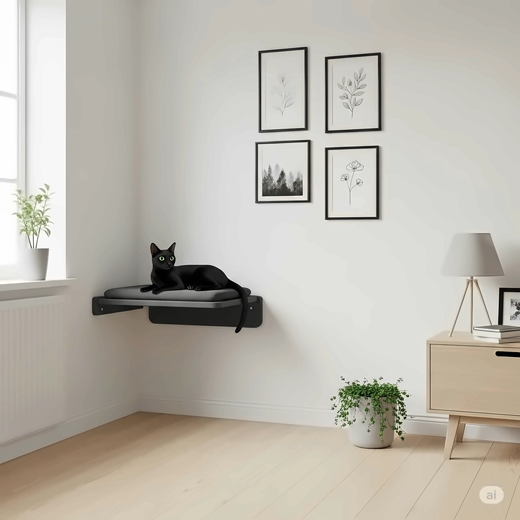A stylish illustration of a sleek cat wall perch seamlessly integrated into a contemporary living room, demonstrating how this modern cat furniture can complement home decor while providing functional space for pets.