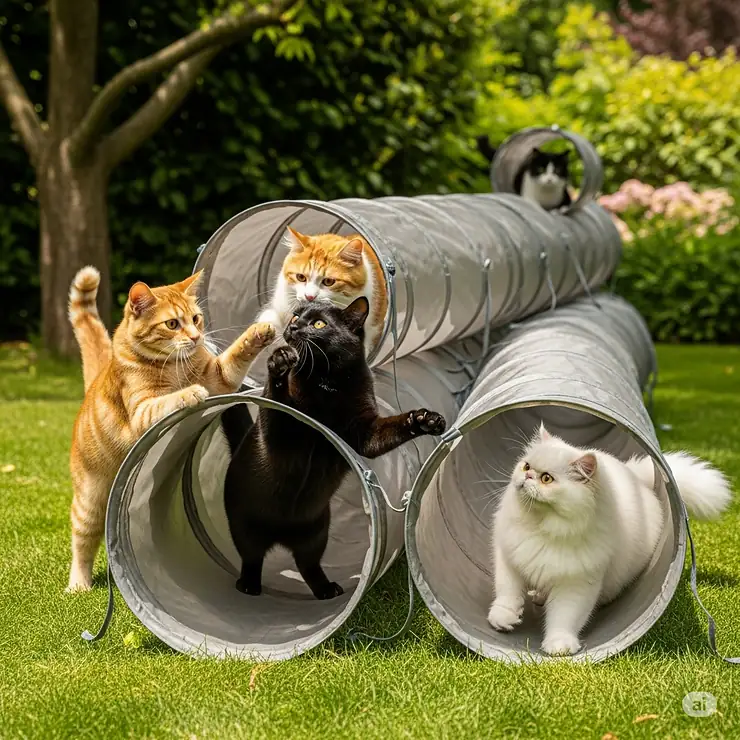 Multiple cats playfully interacting within a long, interconnected outdoor tunnel system, ideal for homes with multiple feline companions.