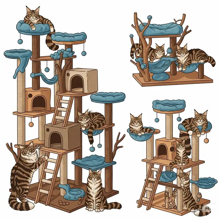 An illustration showcasing a multi-level large cat tree with various spacious perches, cozy condos, and lounging areas perfect for big cat breeds to relax.