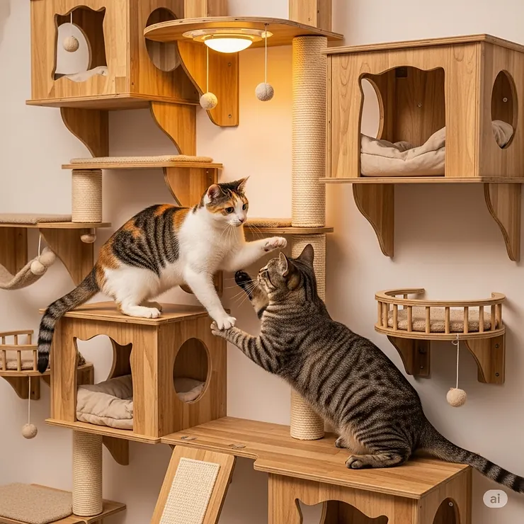Two cats interacting on a large wall mounted cat condo, illustrating how multi-level designs can accommodate multiple felines.