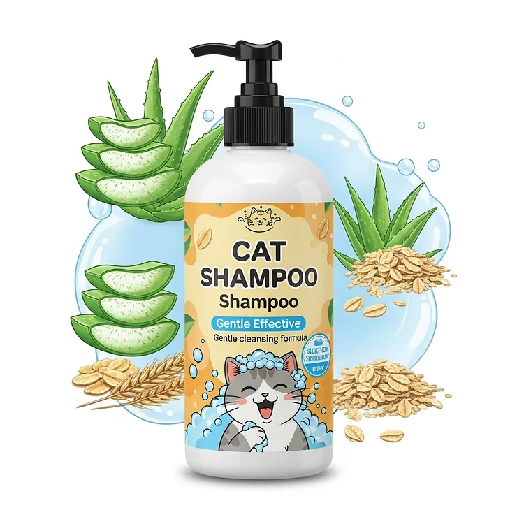 Illustration of a cat shampoo bottle featuring natural ingredients like aloe vera or oatmeal, indicating a gentle and effective formula.