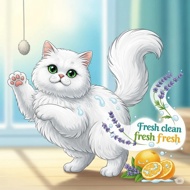 Illustration of a fresh-smelling cat, representing the odor-eliminating benefits of certain feline shampoo products.