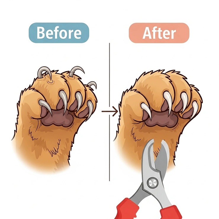 Before and after illustration showcasing the difference between overgrown and properly trimmed cat nails using feline nail trimmers.