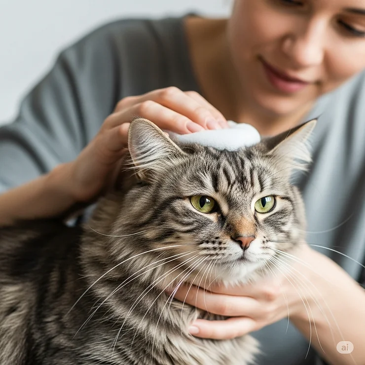 An owner gently massaging waterless cat shampoo into their cats fur, demonstrating the ease of use for quick touch-ups.
