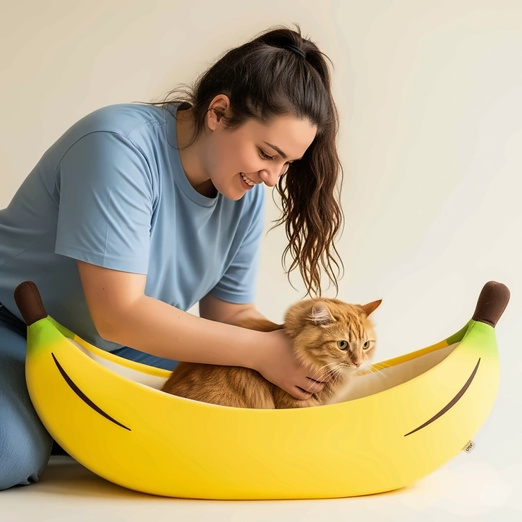 A caring owner gently guiding their feline friend into the soft, inviting banana-shaped cat bed, emphasizing its ease of use and pet acceptance.