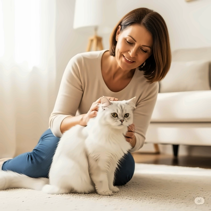 Image of an owner gently petting a well-groomed cat, implying the improved bond and less mess achieved by using the best cat shampoo for shed control.