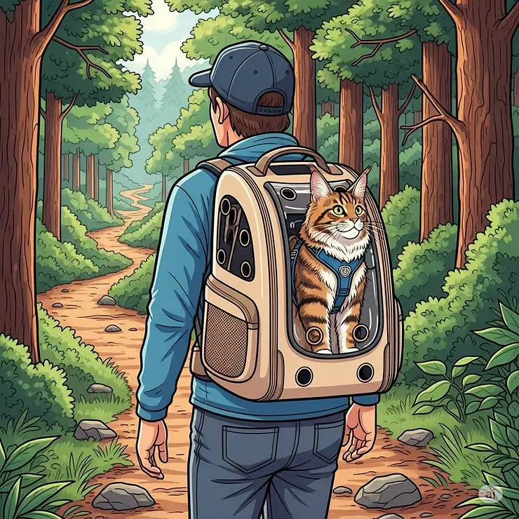 Back view illustration of a person walking on a trail, carrying a specially designed cat hiking backpack with a visible cat inside.