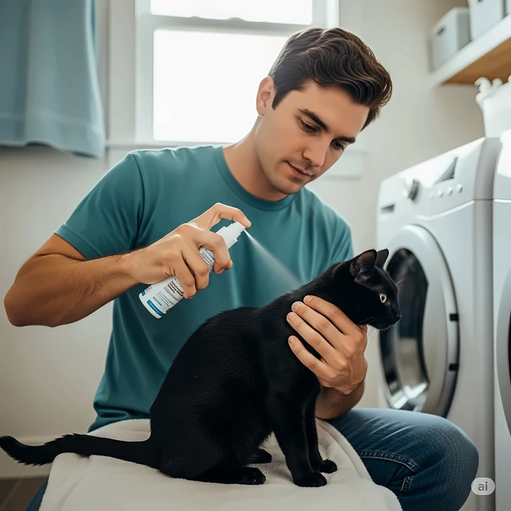 A pet owner carefully applying cat flea spray to their cat in a well-ventilated area, demonstrating proper usage.