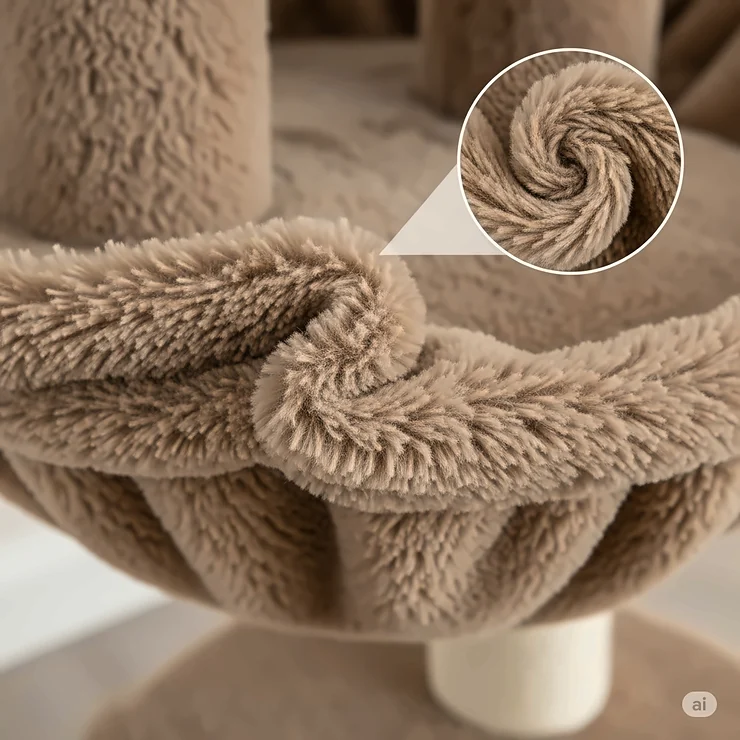 An illustration close-up of the soft, durable plush fabric used on a large cat tree, providing a comfortable and inviting surface for big cats.