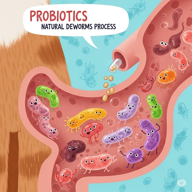 An illustration of beneficial gut bacteria (represented by friendly microscopic figures), emphasizing the role of probiotics in supporting a cat's gut health during natural deworming.