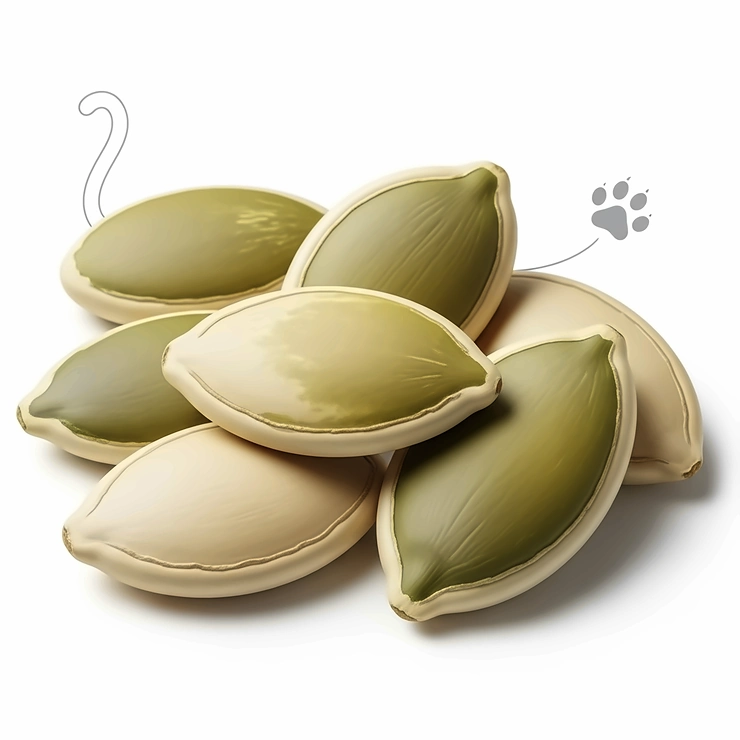 Close-up illustration of raw, shelled pumpkin seeds, a well-known natural ingredient often used as a natural dewormer for cats.