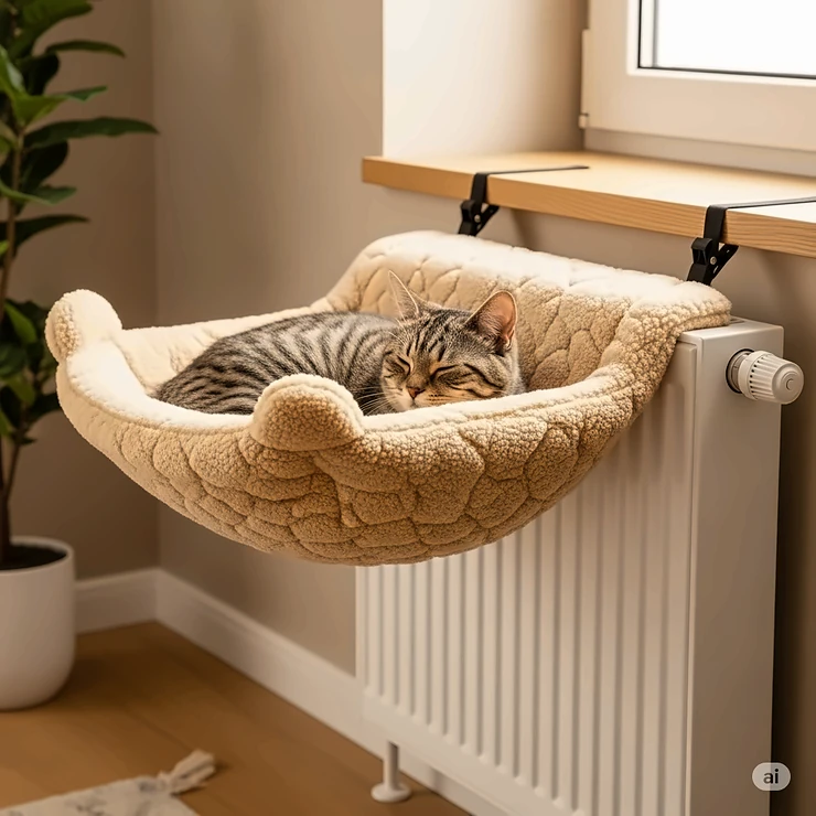A cozy cat bed designed to hang over a radiator, illustrating a warm and elevated perch perfect for colder weather.