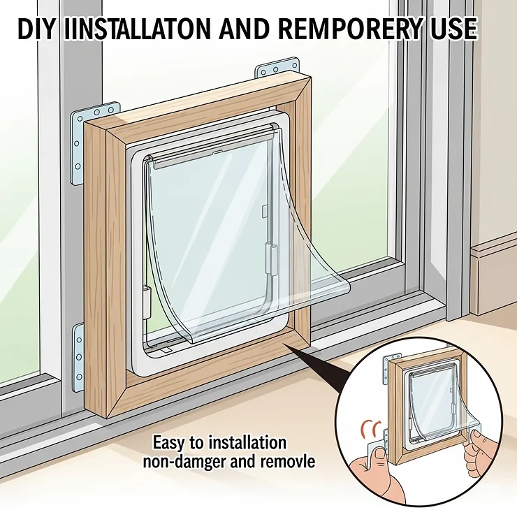 An illustration of a temporary or non-permanent cat door solution for sliding doors, ideal for renters or those seeking easy removal.